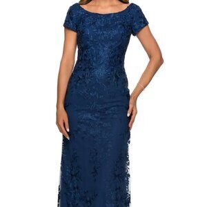 La Femme Navy Blue Shimmer Floral Embroidered A-Line Gown